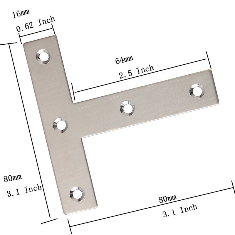 BTMB Stainless Steel Steel T Shape Flat Repair Mending Plate Joining Bracket Brace,Pack of 10 (80x80mm/3.1''x3.1'') - Image 2
